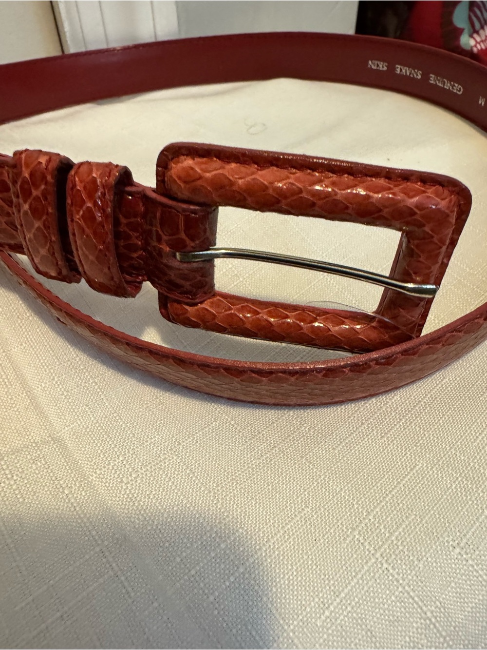 Womens Red Textured Leather Belt with Square Buckle